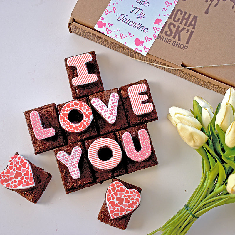 I Love You Brownie Message with box and flowers